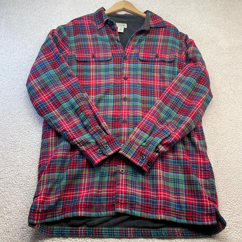 L.L. Bean Flannel Mens M-Tall Red Plaid Fleece Lined Shirt Jacket 252749 Warm - Picture 2 of 9